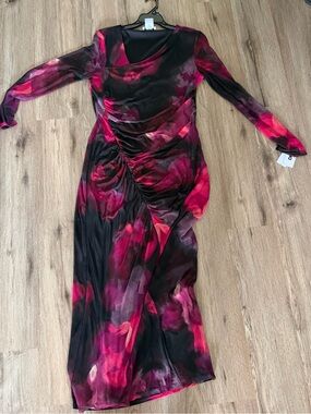 Dkny Black & Fuchsia Asymmetrical Ruched Long Sleeve Dress